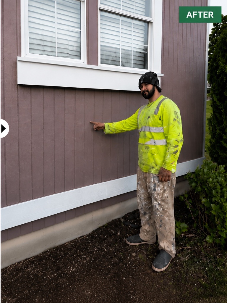 Exterior siding after painting with Sean pointing at the finished work